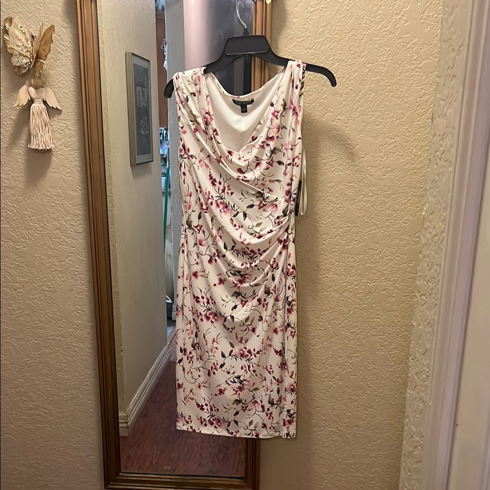 Ralph Lauren Tan and Cream Ruched Wrap Midi Dress